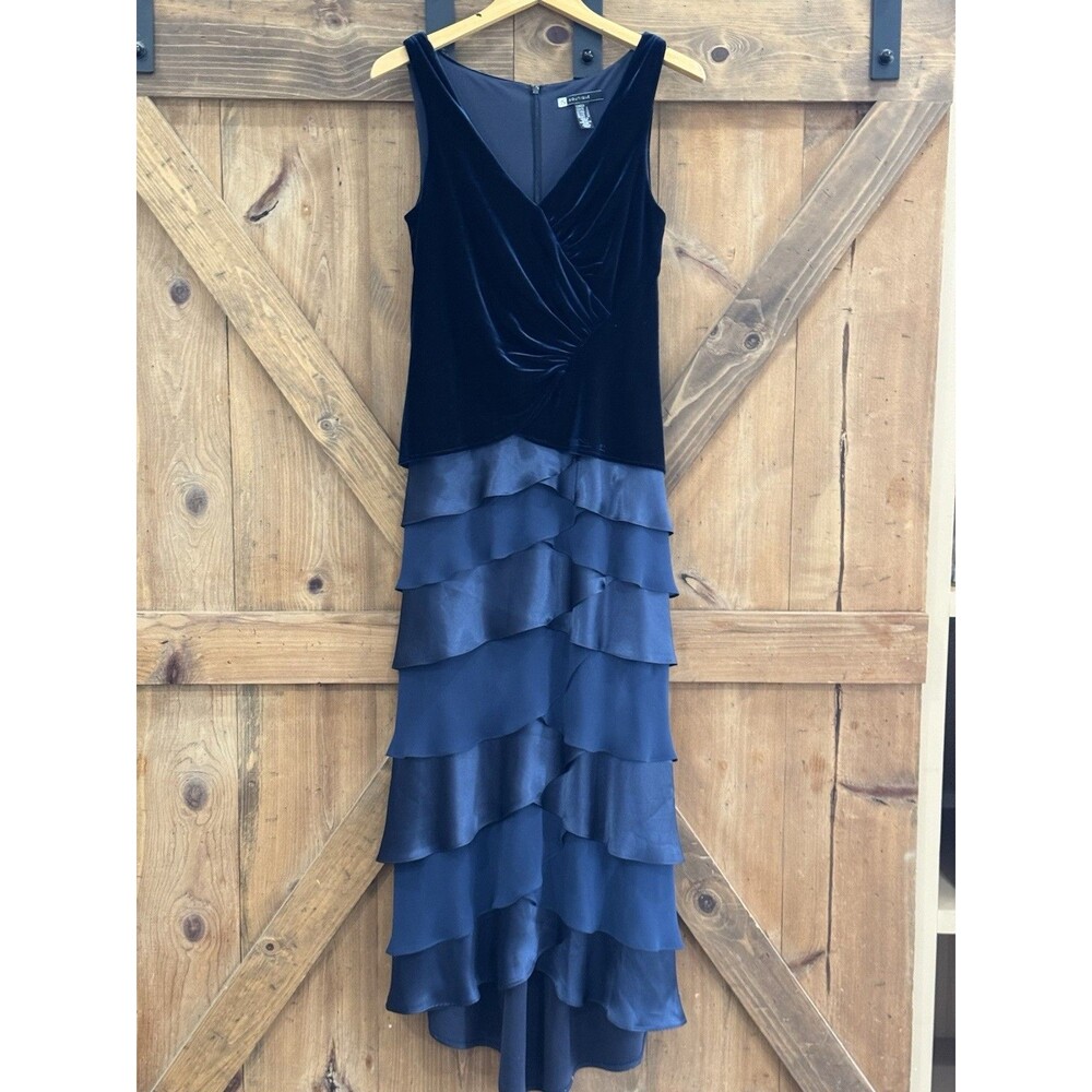 Js Boutique Navy Blue Velvet Contrast Tiered Maxi Dress Women's Sz 8 Prom Formal